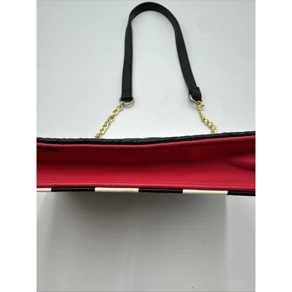 Betsey Johnson Black White Stripe Crossbody Bag Red Gold Chain Black Strap Roses